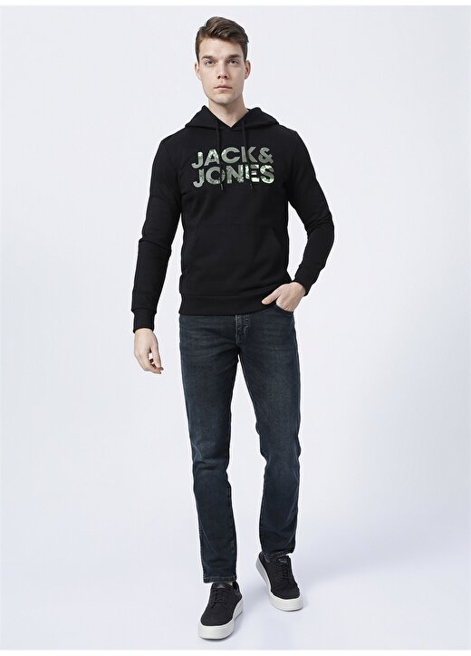 Jack & Jones 12189147_Jjsoldier Logo Sweat Hood Kapüşonlu Uzun Kollu Regular Fit Baskılı Siyah Erkek Sweatshirt 2