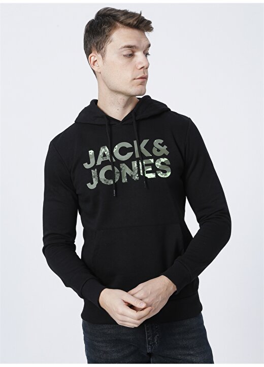 Jack & Jones 12189147_Jjsoldier Logo Sweat Hood Kapüşonlu Uzun Kollu Regular Fit Baskılı Siyah Erkek Sweatshirt 3