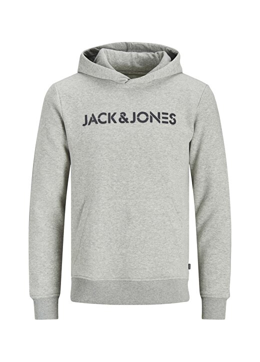 Jack & Jones 12189906_Jjnickel Sweat Hood Kapüşonlu Uzun Kollu Normal Kalıp Baskılı Açık Gri Erkek Sweatshirt 1
