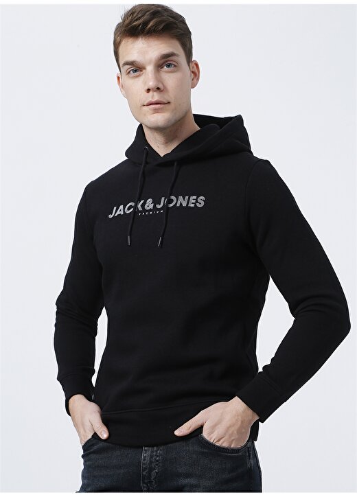 Jack & Jones 12201561_Jprblabooster Sweat Hood Kapüşonlu Uzun Kollu Regular Fit Baskılı Siyah Erkek Sweatshirt 1