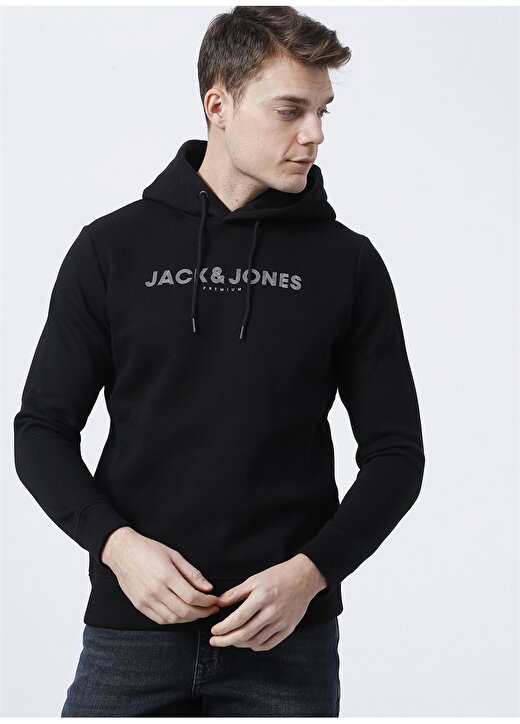 Jack & Jones 12201561_Jprblabooster Sweat Hood Kapüşonlu Uzun Kollu Regular Fit Baskılı Siyah Erkek Sweatshirt 3