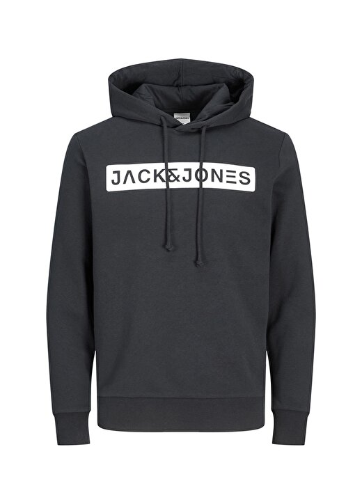 Jack & Jones 12201860_Jcoreason Sweat Hood Kapüşonlu Uzun Kollu Regular Fit Baskılı Koyu Siyah Erke 1