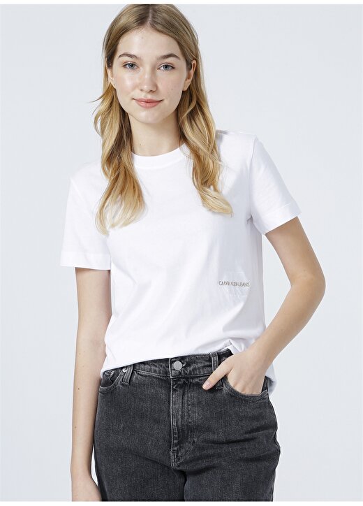 Calvin Klein Jeans Yuvarlak Yaka Normal Kalıp Düz Beyaz Kadın T-Shirt OFF PLACED MONOGRAM TEE 3