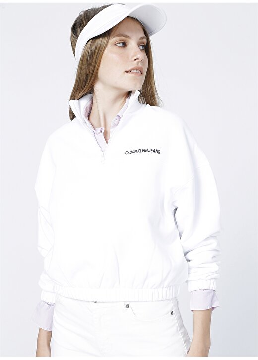 Calvin Klein Jeans Dik Yaka Relaxed Düz Beyaz Kadın Sweatshirt VERTICAL INSTITUTIONAL HALF ZIP 1