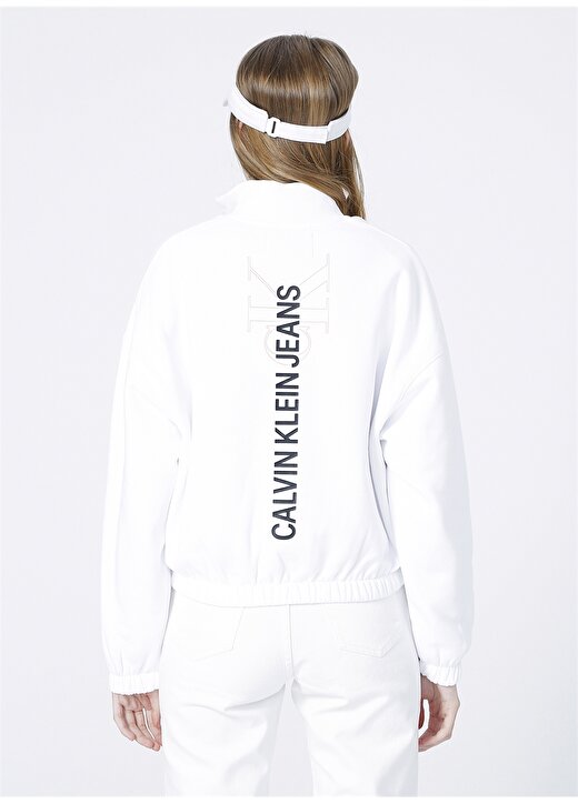 Calvin Klein Jeans Dik Yaka Relaxed Düz Beyaz Kadın Sweatshirt VERTICAL INSTITUTIONAL HALF ZIP 4