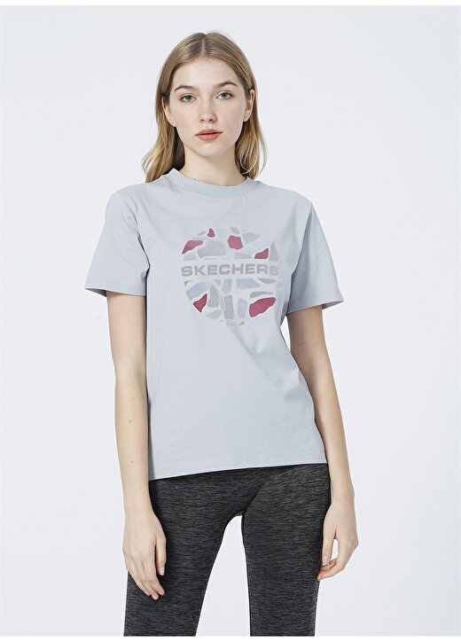 Skechers S212944-407 W Velvet Print T-Shirt O Yaka Normal Kalıp Baskılı Mavi Kadın T-Shirt 3