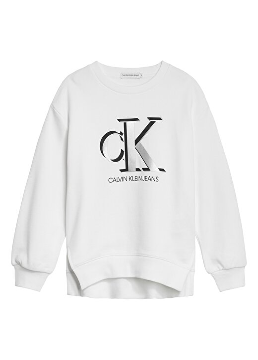 Calvin Klein IG0IG01005YAF Beyaz O Yaka Kız Çocuk Baskılı Sweatshirt 1