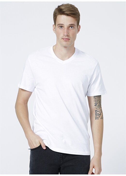 Only & Sons V Yaka Düz Koyu Beyaz Erkek T-Shirt 1