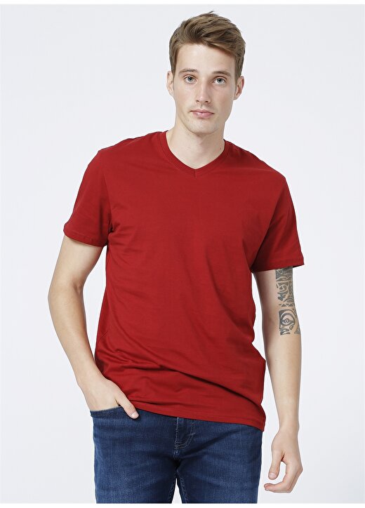 Only & Sons V Yaka Düz Kırmızı Erkek T-Shirt 1