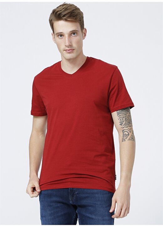 Only & Sons V Yaka Düz Kırmızı Erkek T-Shirt 3