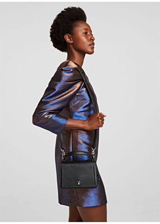 Karl Lagerfeld Ikonik 3D Pin Flap Mıknatıslı Deri Siyah Kadın El Çantası 4