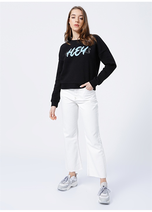 Fabrika K-POE-2 Bisiklet Yaka Basic Baskılı Siyah Kadın Sweatshirt 3