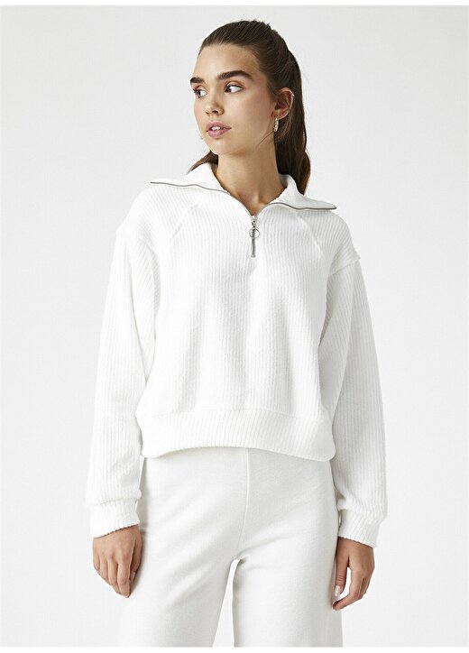 Koton 2KAK13887EK Fermuarlı Normal Kalıp Koyu Beyaz Kadın Sweatshirt 3