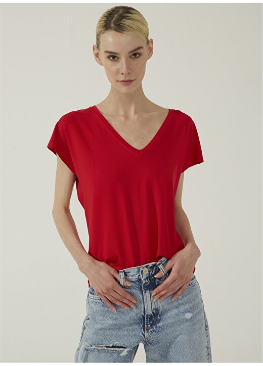 People By Fabrika V Yaka Kısa Kollu Düz Kırmızı Kadın T-Shirt 4