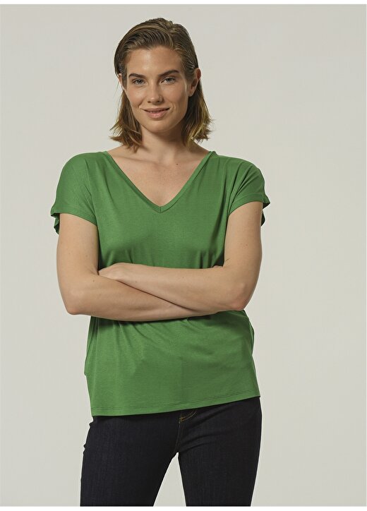 People By Fabrika 505551707 V Yaka Normal Kalıp Düz Yeşil Kadın T-Shirt 4
