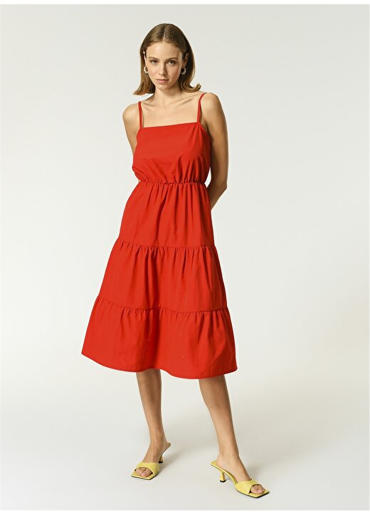 NGSTYLE Askılı Diz Altı Düz Kırmızı Kadın Elbise 2