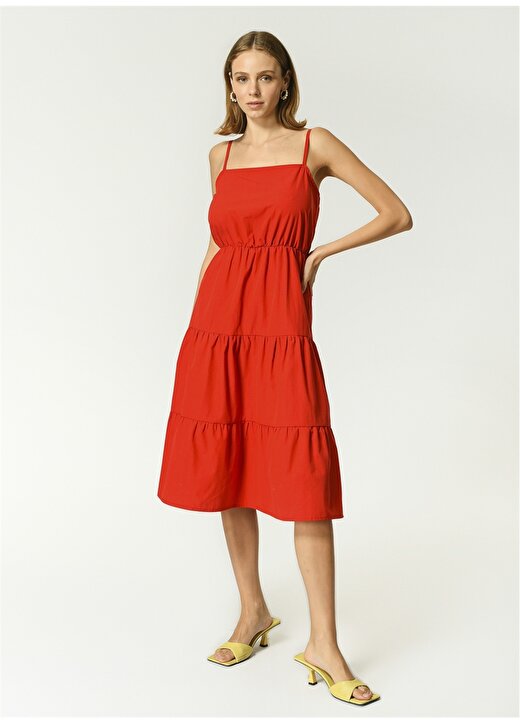 NGSTYLE Askılı Diz Altı Düz Kırmızı Kadın Elbise 3