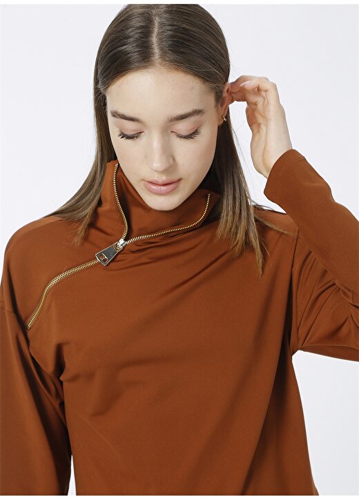 Network Dik Yaka Basic Düz Karamel Kadın Sweatshirt 1