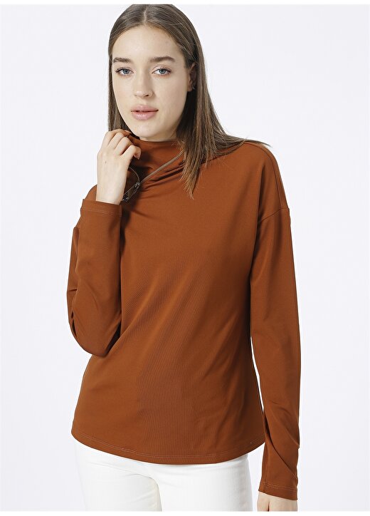 Network Dik Yaka Basic Düz Karamel Kadın Sweatshirt 2