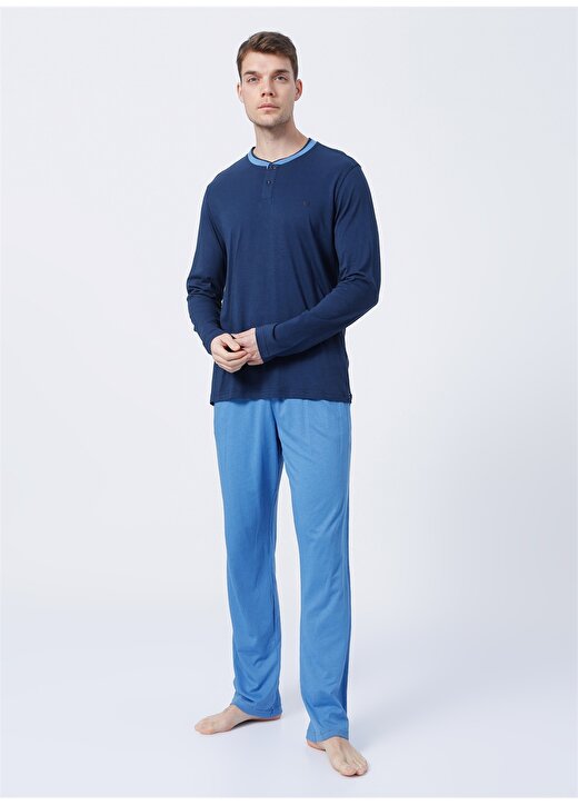 Blackspade 30729 Düğmeli Uzun Kollu Normal Kalıp Düz Koyu İndigo Erkek Pijama Takımı 2