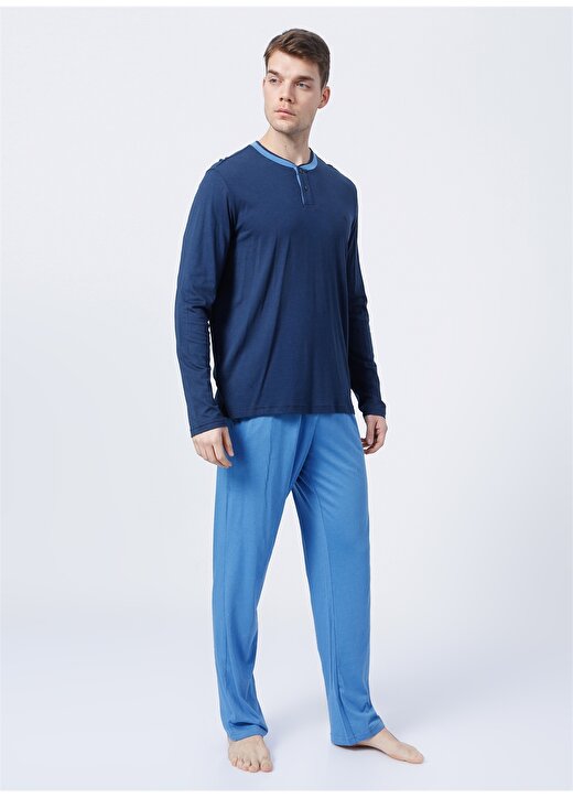 Blackspade 30729 Düğmeli Uzun Kollu Normal Kalıp Düz Koyu İndigo Erkek Pijama Takımı 3
