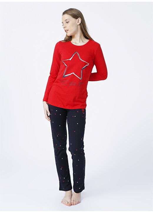 U.S. Polo Assn. Yuvarlak Yaka Standart Kalıp Desenli Kırmızı Kadın Pijama Takımı 2