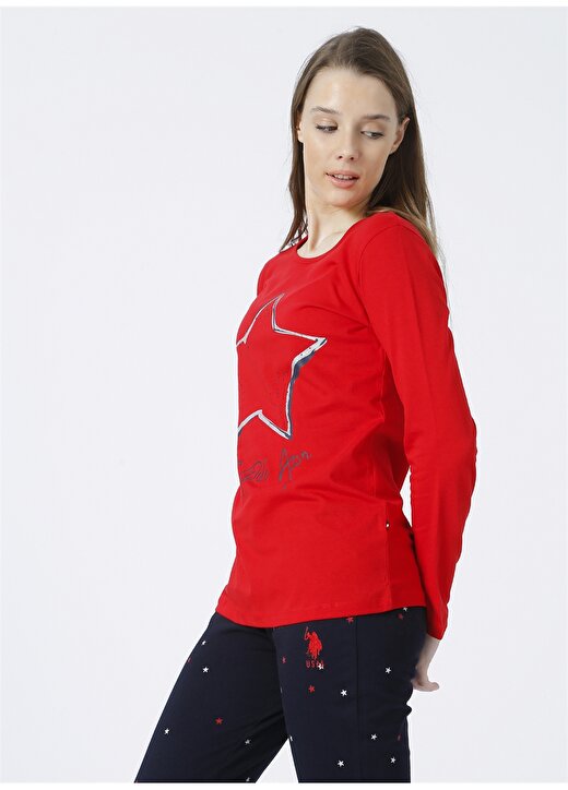 U.S. Polo Assn. Yuvarlak Yaka Standart Kalıp Desenli Kırmızı Kadın Pijama Takımı 3
