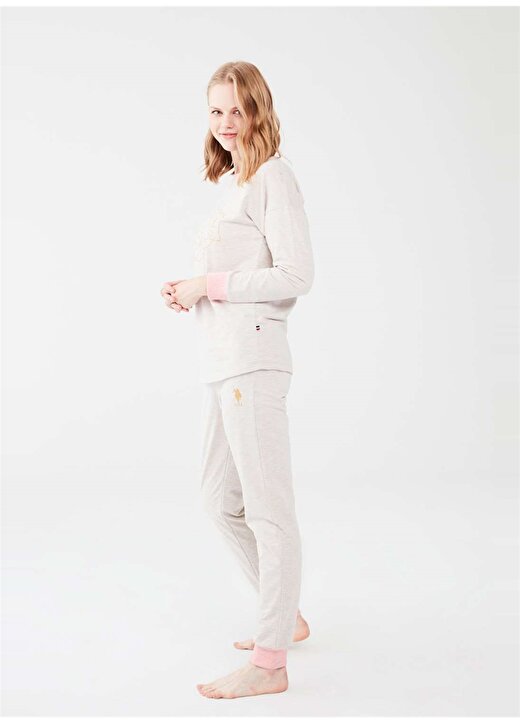 U.S. Polo Assn. Yuvarlak Yaka Lastikli Standart Kalıp Desenli Beyaz Kadın Pijama Takımı 2
