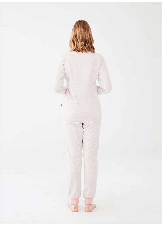 U.S. Polo Assn. Yuvarlak Yaka Lastikli Standart Kalıp Desenli Beyaz Kadın Pijama Takımı 3