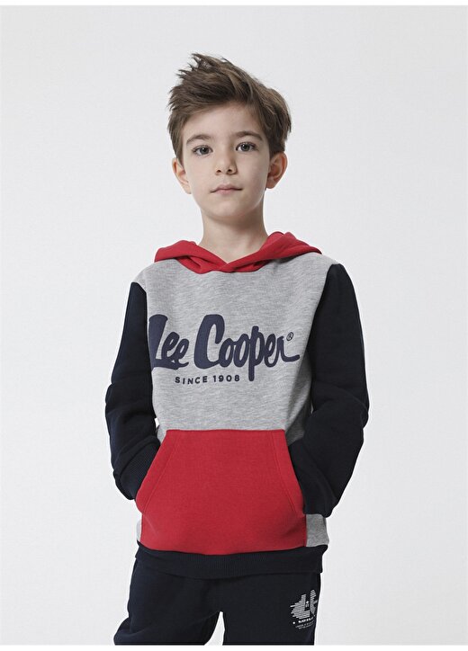 Lee Cooper 221 LCB 241001-7201 Gri Melanj Kapüşonlu Erkek Çocuk Baskılı Sweatshirt 2