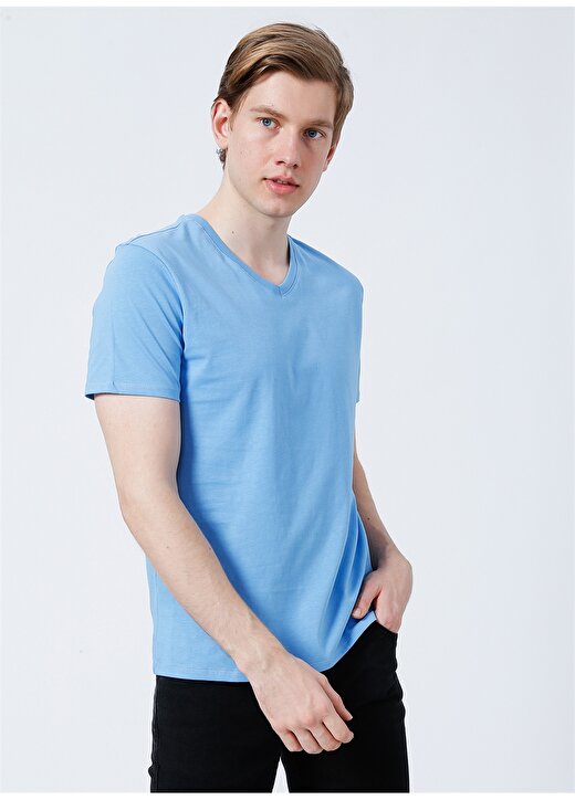 Limon V Yaka Basic Düz Mavi Erkek T-Shirt - TOM 1
