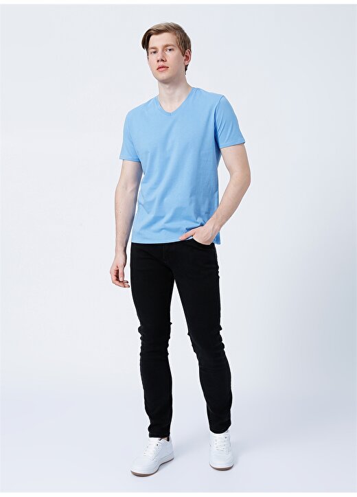 Limon V Yaka Basic Düz Mavi Erkek T-Shirt - TOM 2