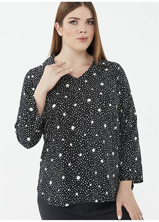 Selen Gömlek Yaka Emprime Siyah Kadın Bluz 3