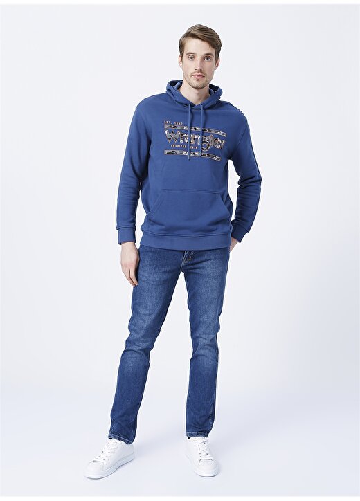 Wrangler W212237400_Hoodie Kapüşonlu Regular Fit Baskılı Mavi Erkek Sweatshirt 2