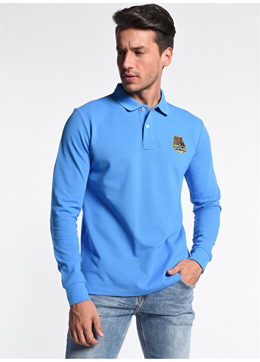 Ucla COMPTON Polo Yaka Standart Kalıp Nakışlı Mavi Erkek Sweatshirt 1