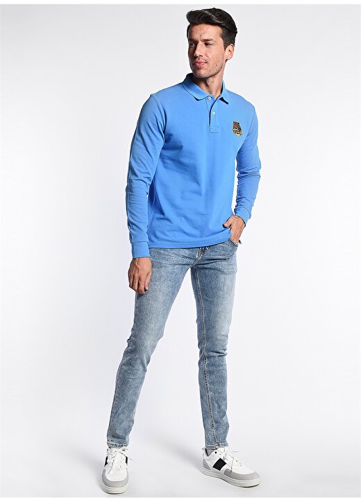 Ucla COMPTON Polo Yaka Standart Kalıp Nakışlı Mavi Erkek Sweatshirt 2