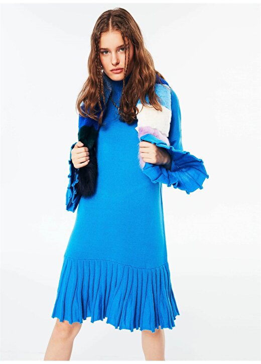 Twist Balıkçı Yaka Standart Kalıp Mavi Kadın Piliseli Triko Elbise 3