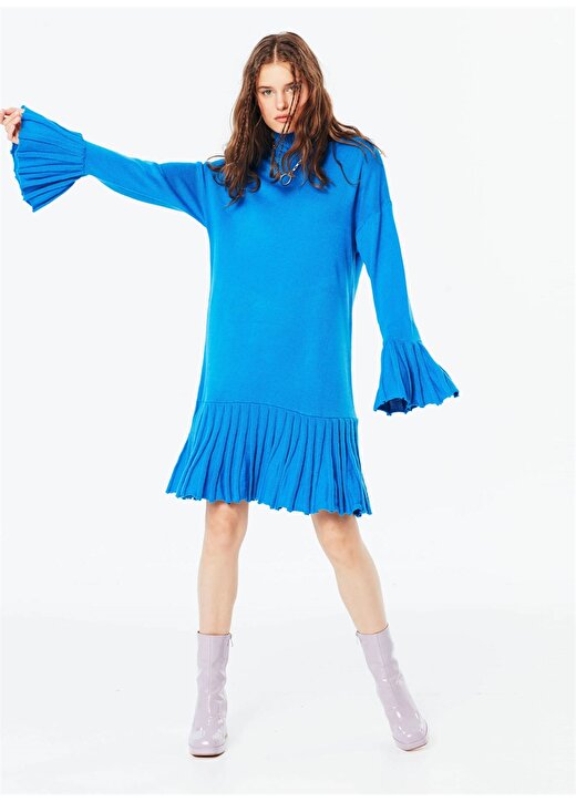 Twist Balıkçı Yaka Standart Kalıp Mavi Kadın Piliseli Triko Elbise 4