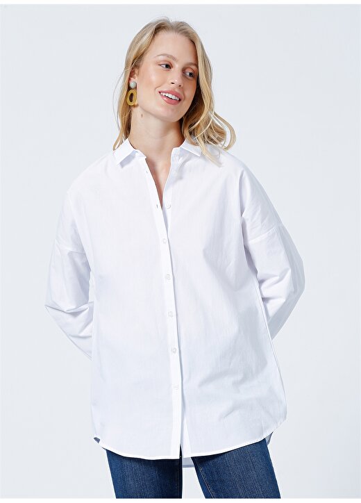 Limon Rones Oversize Düz Beyaz Kadın Gömlek 3