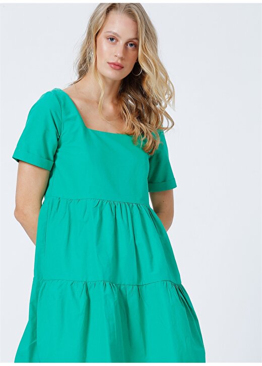 Limon Yeşil Kadın Kare Yaka Kısa Kol Midi Geniş Fit Elbise PONTE 1