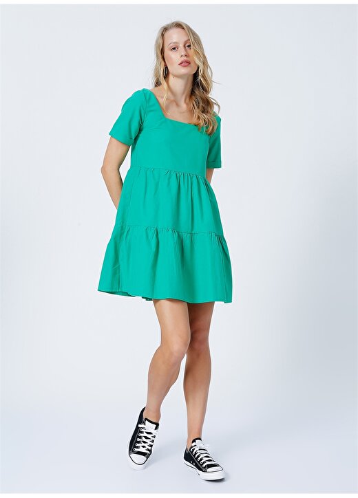 Limon Yeşil Kadın Kare Yaka Kısa Kol Midi Geniş Fit Elbise PONTE 3