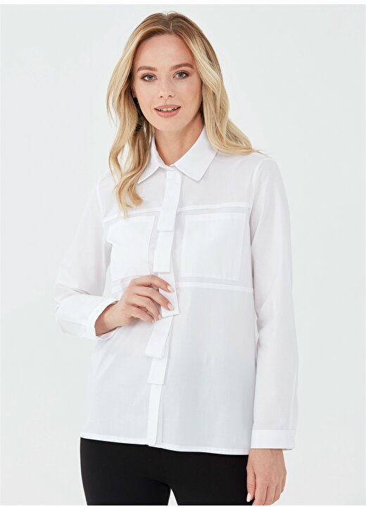 Selen 21KSL8172 Gömlek Yaka Standart Kalıp Düz Beyaz Kadın Bluz 1