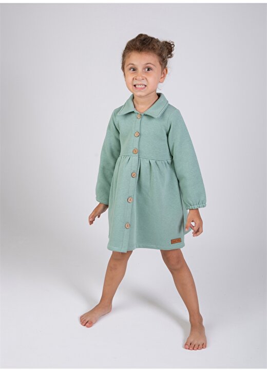 Yami Mia Düğmeli Normal Kalıp Düz Mint Kız Çocuk Elbise 2