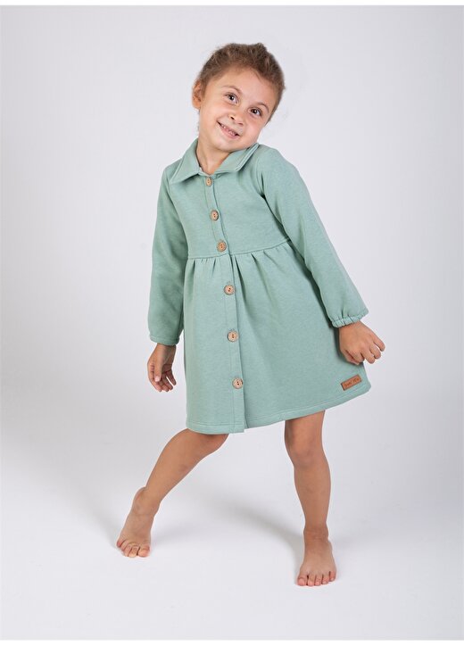 Yami Mia Düğmeli Normal Kalıp Düz Mint Kız Çocuk Elbise 3