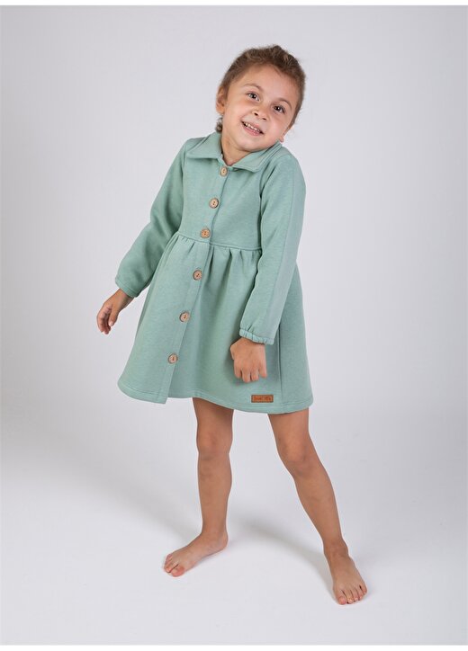 Yami Mia Düğmeli Normal Kalıp Düz Mint Kız Çocuk Elbise 4