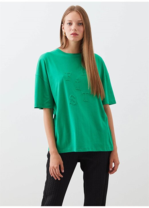 İpekyol IW6210070129070 Yuvarlak Yaka Standart Kalıp Yeşil Kadın 3D Baskılı T-Shirt 2