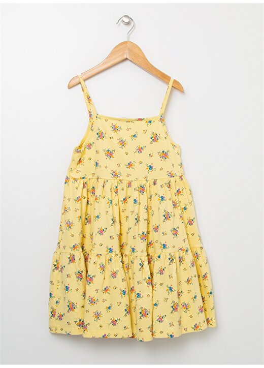 Limon Açık Sarı Kız Çocuk U Yaka Askılı Diz Üstü Geniş Fit Desenli Elbise SN-71 2