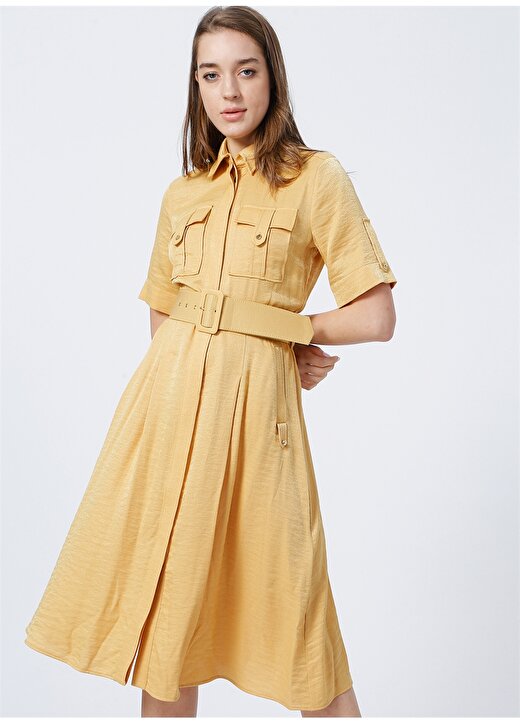 Pierre Cardin Bonde Gömlek Yaka Standart Kalıp Düz Sarı Kadın Elbise 2