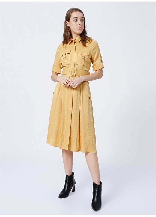 Pierre Cardin Bonde Gömlek Yaka Standart Kalıp Düz Sarı Kadın Elbise 3
