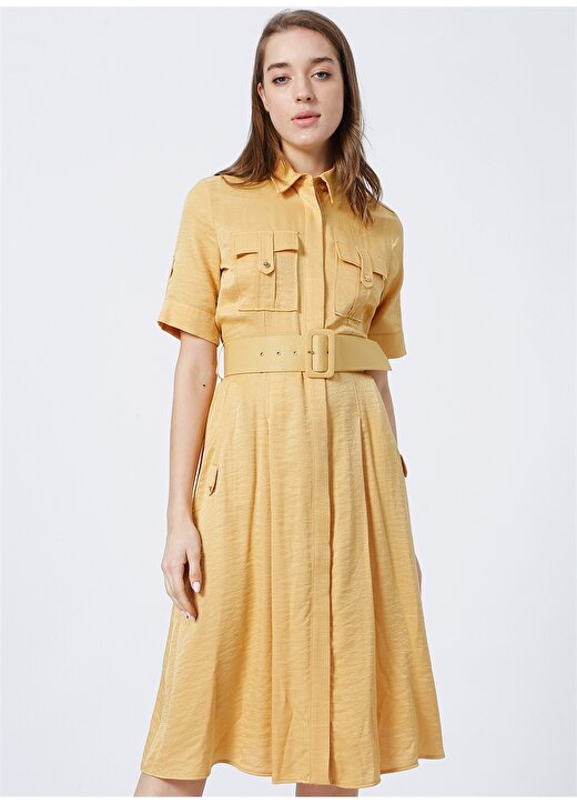 Pierre Cardin Bonde Gömlek Yaka Standart Kalıp Düz Sarı Kadın Elbise 4